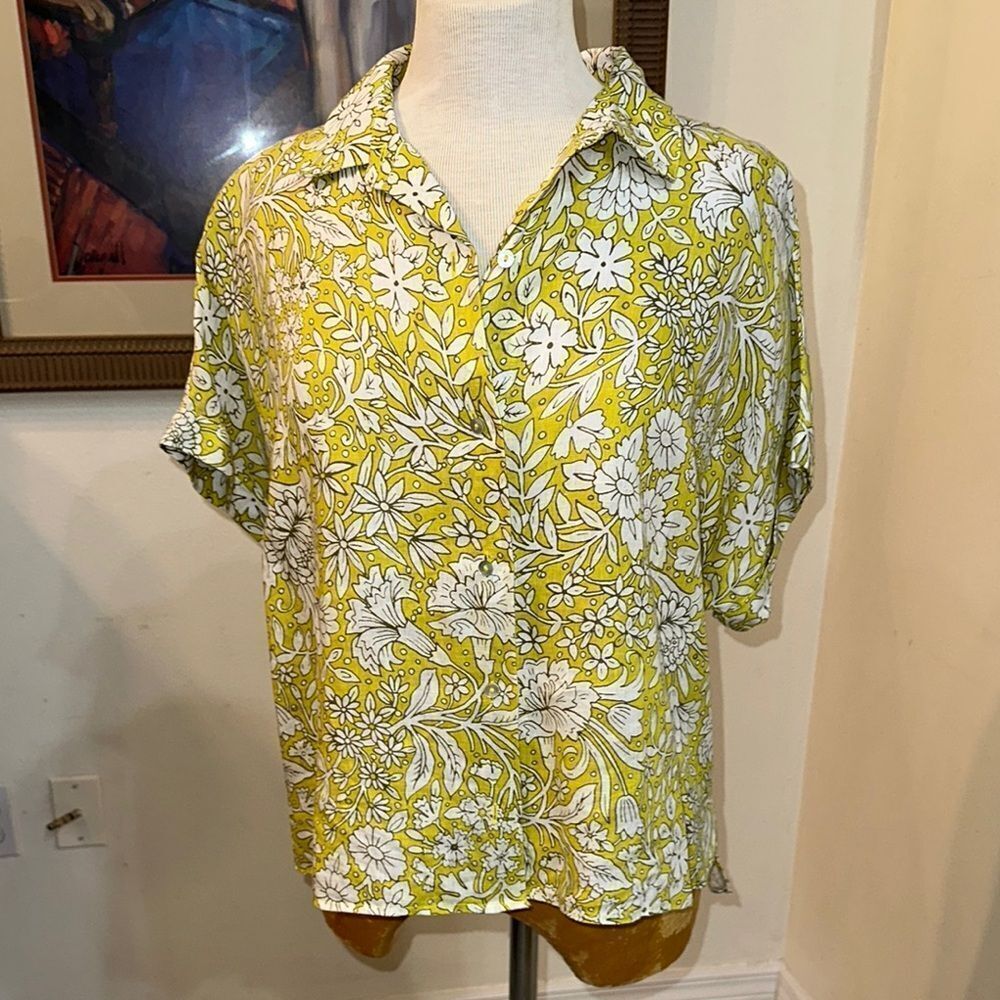 Rachel Ashwell Lime/ Yellow Floral 100% LINEN Boxy Button Down Shirt MEDIUM